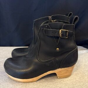 NO. 6 Leather Clog Buckle Boot Mid Heel Black Leather